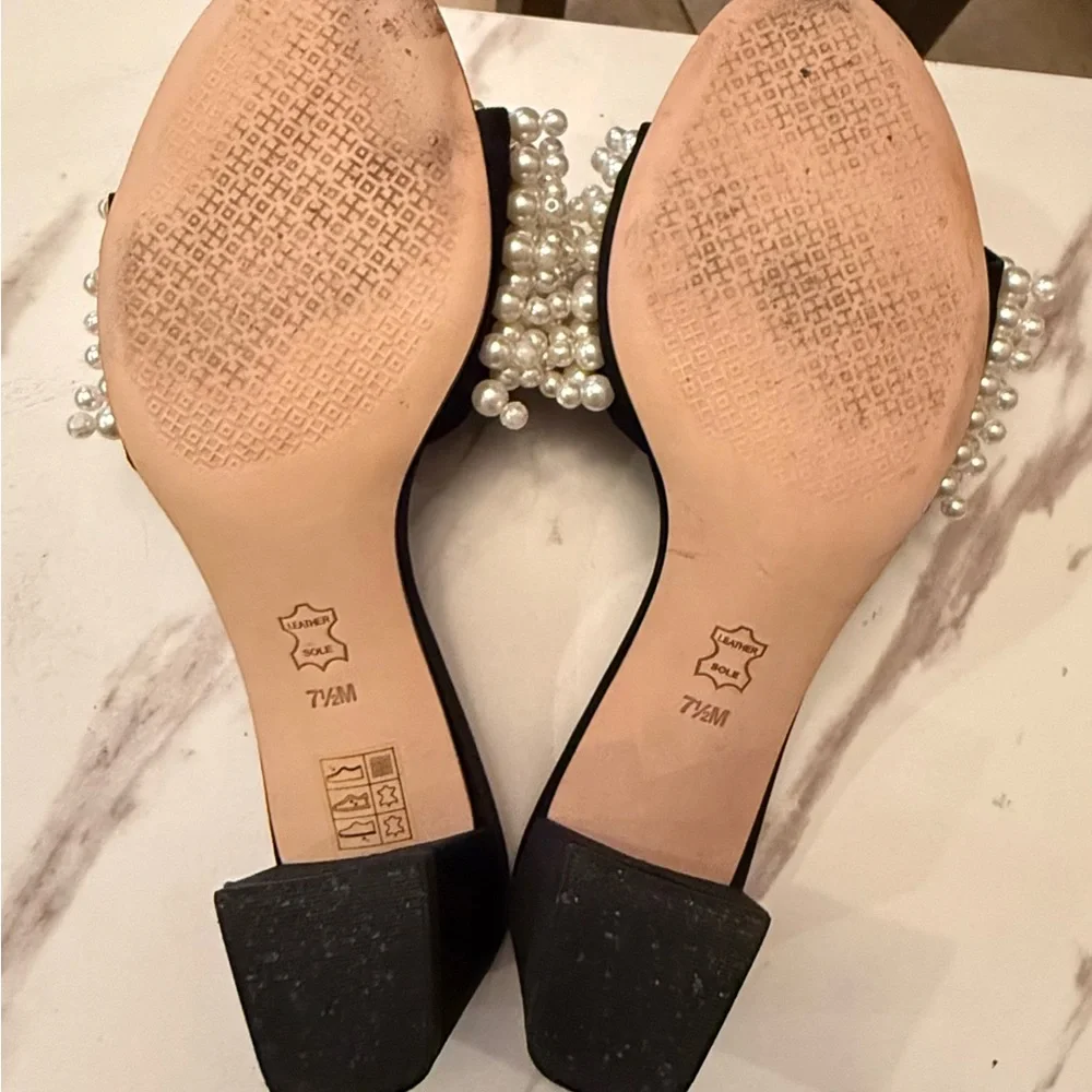 Tory Burch Black Sandal Heels with Pearl Fringe